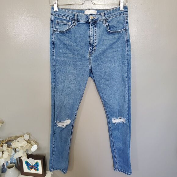 TopShop Jamie Distressed Skinny Jeans Actual Size 28 Medium Wash Stretch *READ* - Picture 1 of 9
